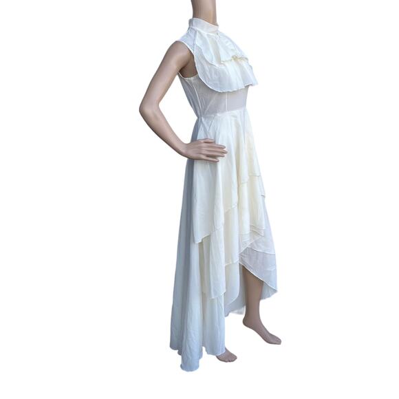 New DSplay Women's Ivory Mock Neck Ruffle Sheer Asymmetrical Hem Maxi Dress S - Picture 3 of 5